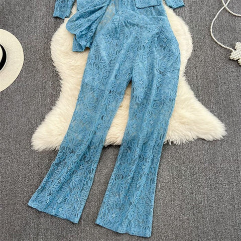 New Elegant Fashion Temperament Lace Coat Casual High Waist Flare Pant Two Piece Set CODE: KAR2340