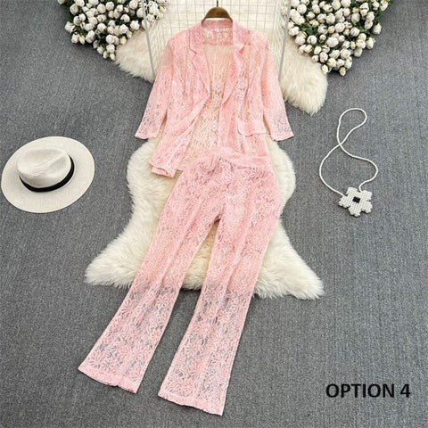 New Elegant Fashion Temperament Lace Coat Casual High Waist Flare Pant Two Piece Set CODE: KAR2340