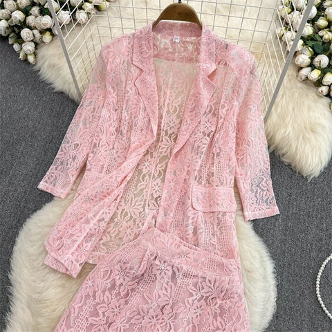 New Elegant Fashion Temperament Lace Coat Casual High Waist Flare Pant Two Piece Set CODE: KAR2340