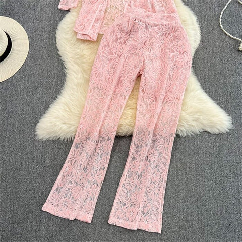 New Elegant Fashion Temperament Lace Coat Casual High Waist Flare Pant Two Piece Set CODE: KAR2340