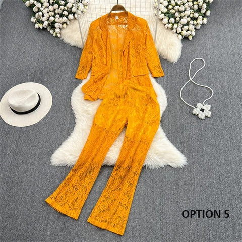 New Elegant Fashion Temperament Lace Coat Casual High Waist Flare Pant Two Piece Set CODE: KAR2340