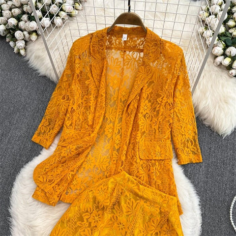 New Elegant Fashion Temperament Lace Coat Casual High Waist Flare Pant Two Piece Set CODE: KAR2340