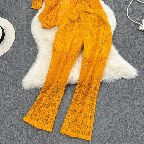 New Elegant Fashion Temperament Lace Coat Casual High Waist Flare Pant Two Piece Set CODE: KAR2340