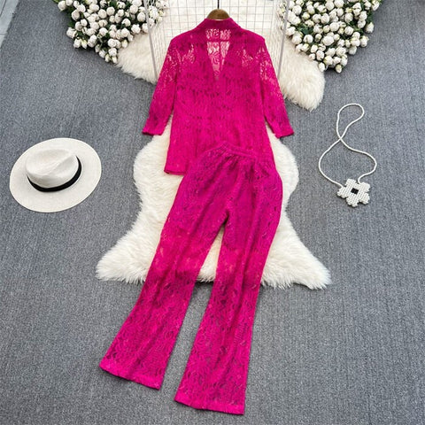 New Elegant Fashion Temperament Lace Coat Casual High Waist Flare Pant Two Piece Set CODE: KAR2340