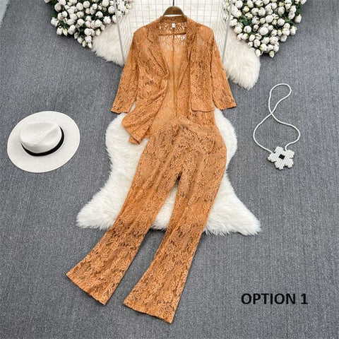 New Elegant Fashion Temperament Lace Coat Casual High Waist Flare Pant Two Piece Set CODE: KAR2340