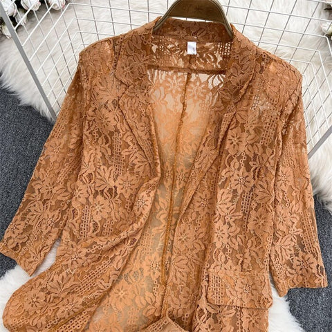 New Elegant Fashion Temperament Lace Coat Casual High Waist Flare Pant Two Piece Set CODE: KAR2340