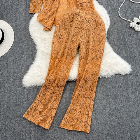 New Elegant Fashion Temperament Lace Coat Casual High Waist Flare Pant Two Piece Set CODE: KAR2340