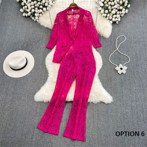 New Elegant Fashion Temperament Lace Coat Casual High Waist Flare Pant Two Piece Set CODE: KAR2340