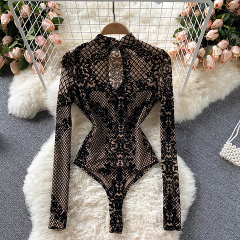 Summer Sexy Ins Bottoming Long Sleeve Mesh Slim Fit Lace Embroidered Design Top CODE: KAR2341