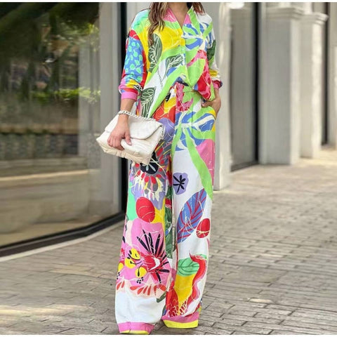 New Elegant Loose Long Sleeve Printed Shirt Elegant Fashion Wide Leg Pant 2 Piece Set CODE: KAR2342