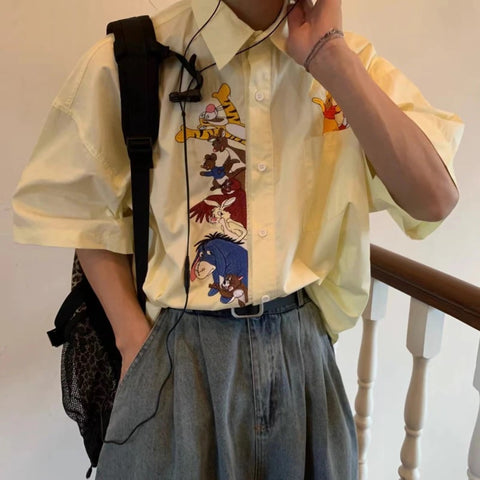 Summer New Loose Disney Pooh Bear Piglet Anime Cartoon Embroidery Short Sleeve Shirt CODE: KAR2345