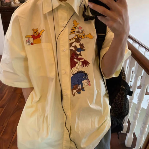 Summer New Loose Disney Pooh Bear Piglet Anime Cartoon Embroidery Short Sleeve Shirt CODE: KAR2345