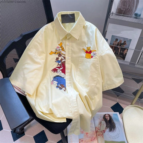 Summer New Loose Disney Pooh Bear Piglet Anime Cartoon Embroidery Short Sleeve Shirt CODE: KAR2345