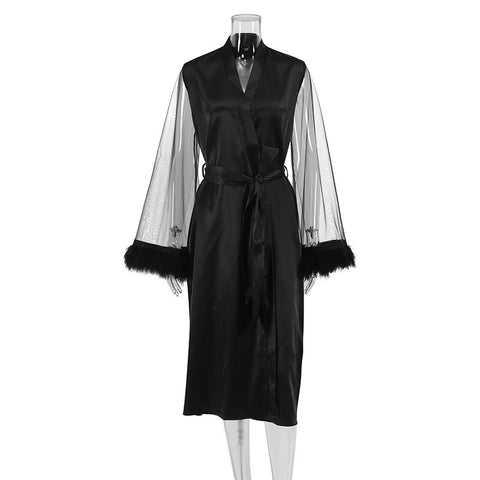 Summer Lace Sleeve Robe Feather Patchwork Bathrobe Kimono Long Loose Dress CODE: KAR2347