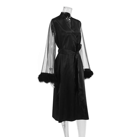 Summer Lace Sleeve Robe Feather Patchwork Bathrobe Kimono Long Loose Dress CODE: KAR2347