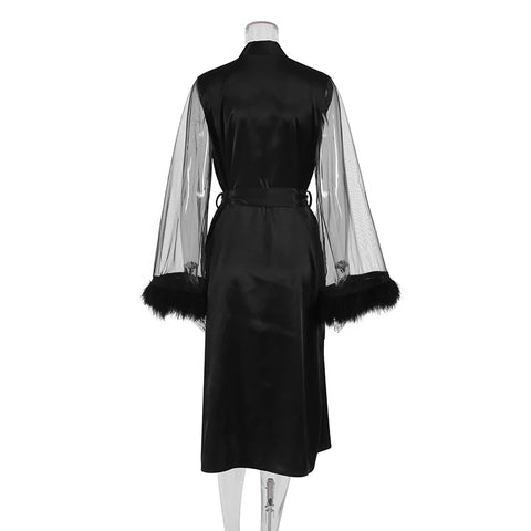 Summer Lace Sleeve Robe Feather Patchwork Bathrobe Kimono Long Loose Dress CODE: KAR2347