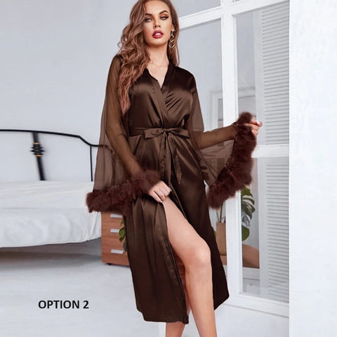 Summer Lace Sleeve Robe Feather Patchwork Bathrobe Kimono Long Loose Dress CODE: KAR2347