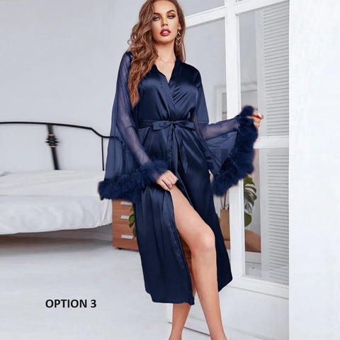 Summer Lace Sleeve Robe Feather Patchwork Bathrobe Kimono Long Loose Dress CODE: KAR2347