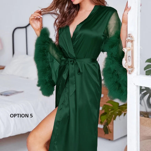 Summer Lace Sleeve Robe Feather Patchwork Bathrobe Kimono Long Loose Dress CODE: KAR2347