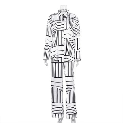 New Fashion Casual Elegant Long Sleeve Print Shirt High Waist Pant Two Piece Set CODE: KAR2348