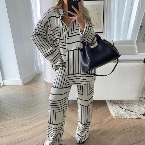 New Fashion Casual Elegant Long Sleeve Print Shirt High Waist Pant Two Piece Set CODE: KAR2348
