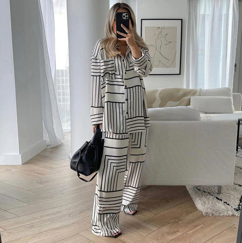 New Fashion Casual Elegant Long Sleeve Print Shirt High Waist Pant Two Piece Set CODE: KAR2348