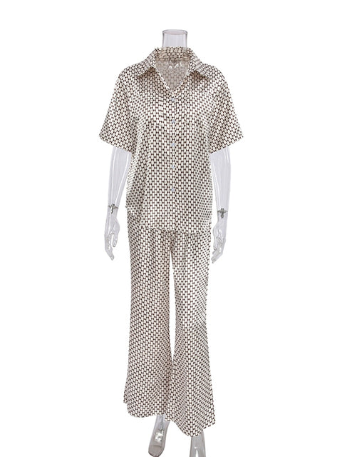 New Casual Fashion Print Loose Short Sleeve Shirt Trouser 2 Piece Set CODE: KAR2349