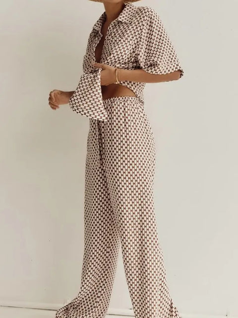 New Casual Fashion Print Loose Short Sleeve Shirt Trouser 2 Piece Set CODE: KAR2349