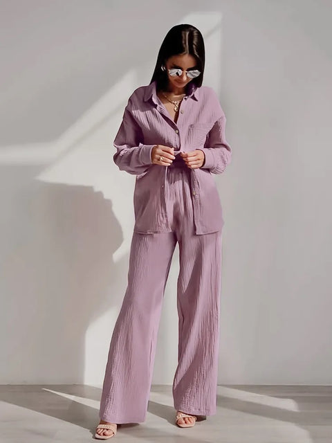 New Pocket Long Sleeve Lapel Single-Breasted Shirt High Waist Loose Pant Set CODE: KAR2352