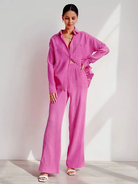 New Pocket Long Sleeve Lapel Single-Breasted Shirt High Waist Loose Pant Set CODE: KAR2352