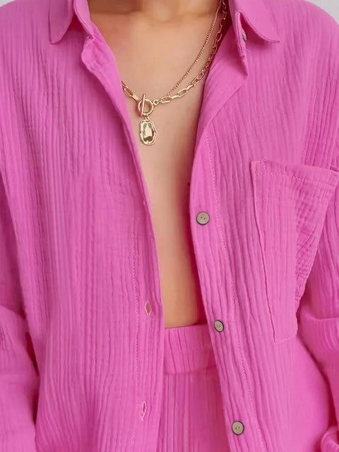 New Pocket Long Sleeve Lapel Single-Breasted Shirt High Waist Loose Pant Set CODE: KAR2352