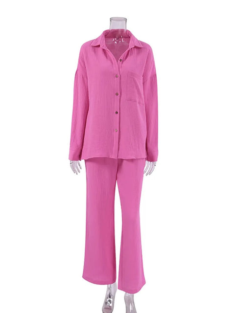 New Pocket Long Sleeve Lapel Single-Breasted Shirt High Waist Loose Pant Set CODE: KAR2352