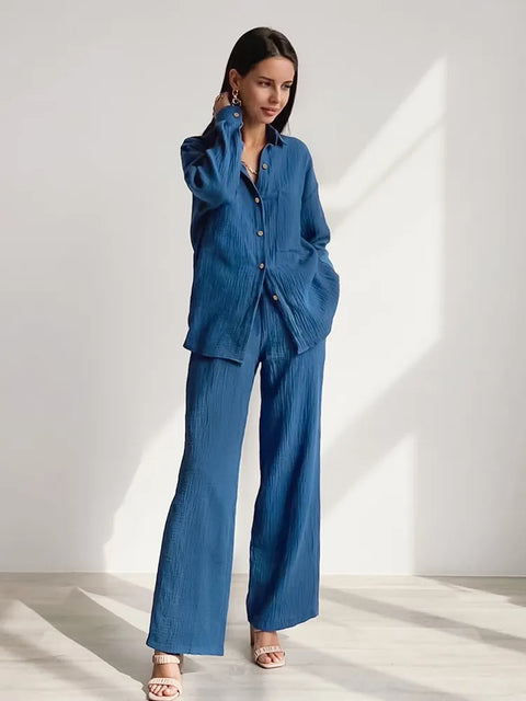New Pocket Long Sleeve Lapel Single-Breasted Shirt High Waist Loose Pant Set CODE: KAR2352