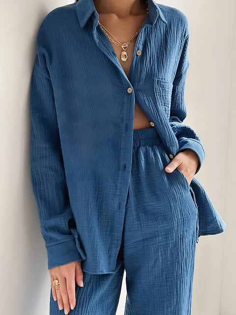 New Pocket Long Sleeve Lapel Single-Breasted Shirt High Waist Loose Pant Set CODE: KAR2352