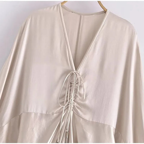 Vintage Fashion Sexy Deep V-Neck Bandage pleated Half Sleeve Loose Maxi Shirt Dress CODE: KAR2359