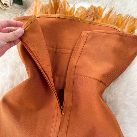 Sexy Slim Strapless Off Shoulder Sleeveless Zipper Three Dimensional Feathers Midi dress CODE: KAR2361