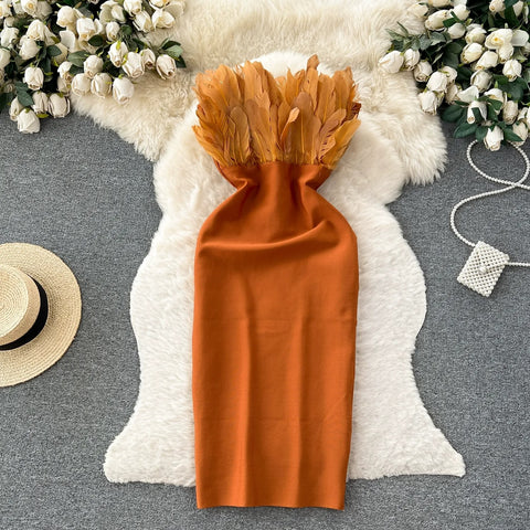 Sexy Slim Strapless Off Shoulder Sleeveless Zipper Three Dimensional Feathers Midi dress CODE: KAR2361