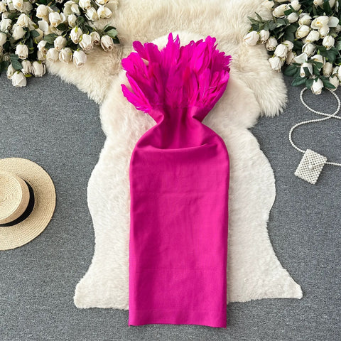 Sexy Slim Strapless Off Shoulder Sleeveless Zipper Three Dimensional Feathers Midi dress CODE: KAR2361