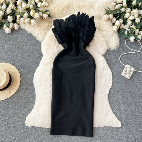 Sexy Slim Strapless Off Shoulder Sleeveless Zipper Three Dimensional Feathers Midi dress CODE: KAR2361