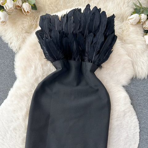 Sexy Slim Strapless Off Shoulder Sleeveless Zipper Three Dimensional Feathers Midi dress CODE: KAR2361