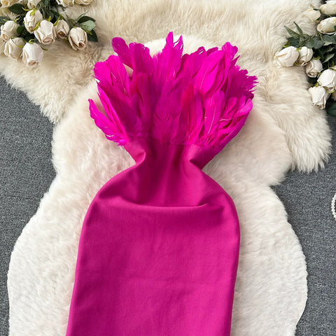 Sexy Slim Strapless Off Shoulder Sleeveless Zipper Three Dimensional Feathers Midi dress CODE: KAR2361