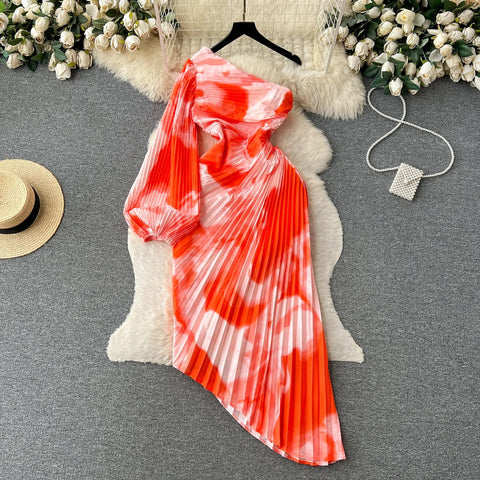 New Elegant Sexy Skew Collar One Shoulder Irregular Pleated Dress CODE: KAR2362