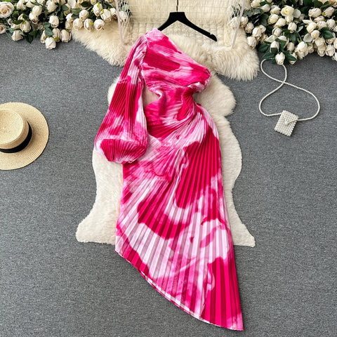 New Elegant Sexy Skew Collar One Shoulder Irregular Pleated Dress CODE: KAR2362