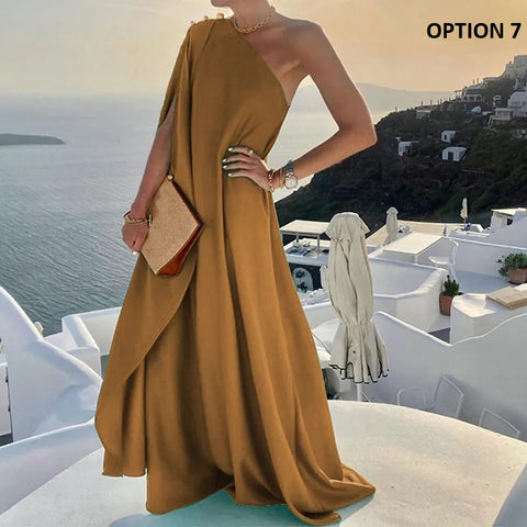 Summer Fashion Elegant One Shoulder Skew Collar Backless Irregular Loose Slit Maxi Dress CODE: KAR2368