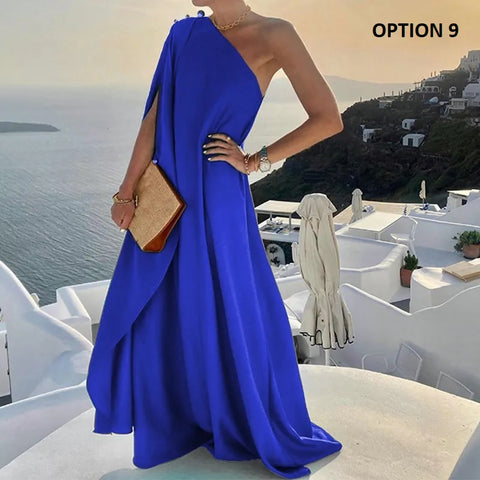 Summer Fashion Elegant One Shoulder Skew Collar Backless Irregular Loose Slit Maxi Dress CODE: KAR2368