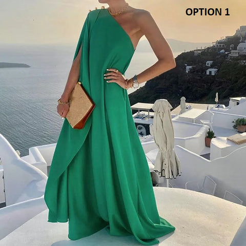 Summer Fashion Elegant One Shoulder Skew Collar Backless Irregular Loose Slit Maxi Dress CODE: KAR2368