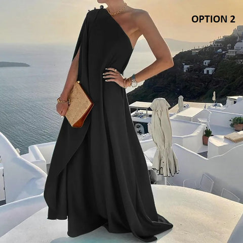 Summer Fashion Elegant One Shoulder Skew Collar Backless Irregular Loose Slit Maxi Dress CODE: KAR2368