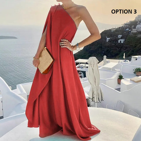 Summer Fashion Elegant One Shoulder Skew Collar Backless Irregular Loose Slit Maxi Dress CODE: KAR2368