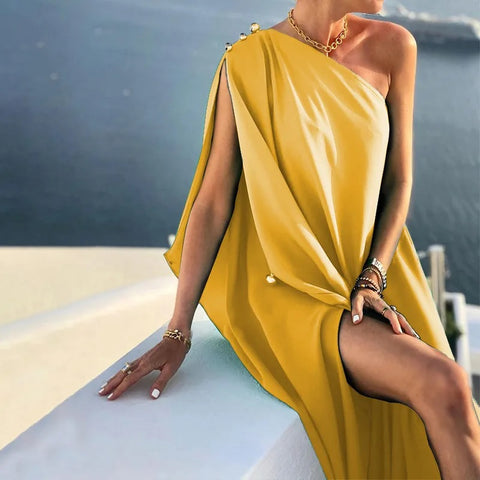 Summer Fashion Elegant One Shoulder Skew Collar Backless Irregular Loose Slit Maxi Dress CODE: KAR2368