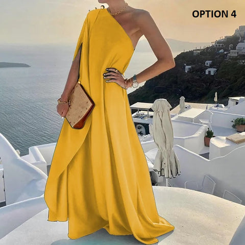 Summer Fashion Elegant One Shoulder Skew Collar Backless Irregular Loose Slit Maxi Dress CODE: KAR2368